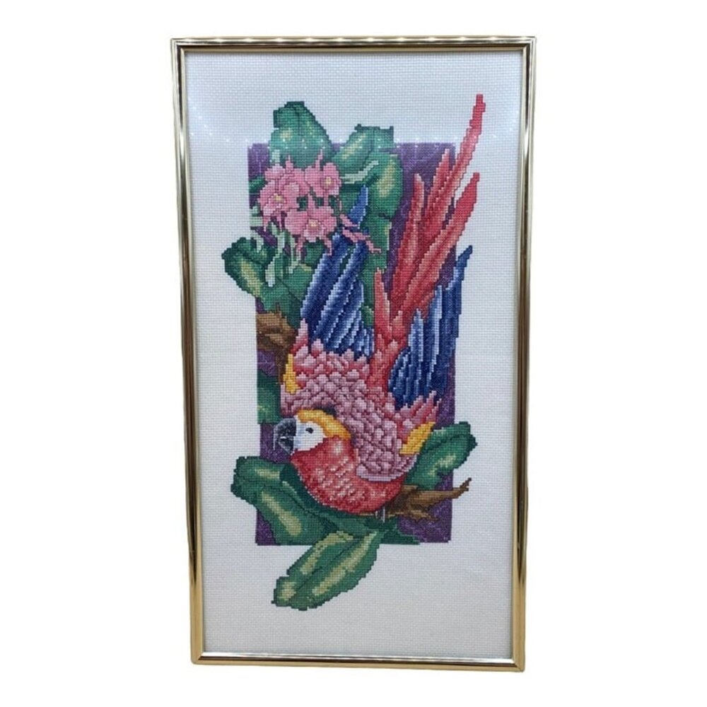 Vintage Tropical Macaw Parrot Needlepoint Tapestry 17 “ X 9.25” Framed - Picture 2 of 8